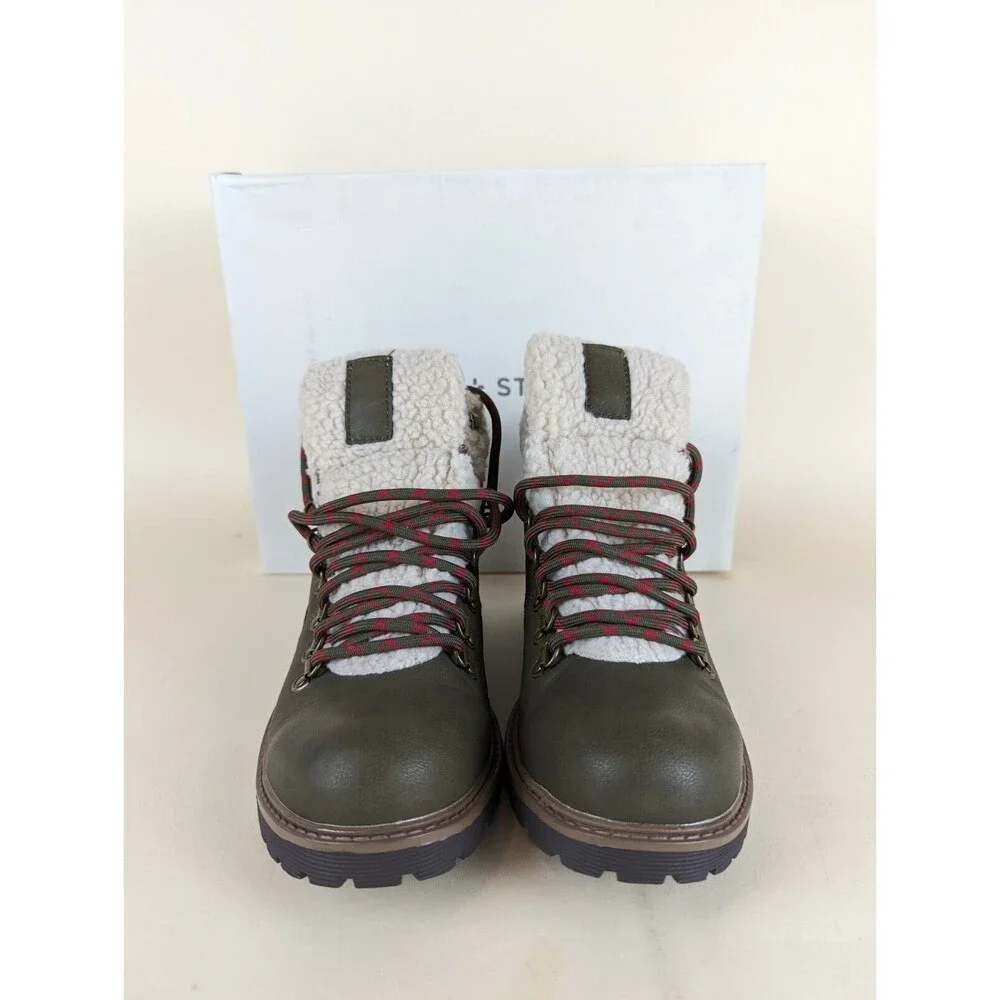 Sun Stone Glenn Winter Boots Mens 7.5 M Olive Faux Fur Trimmed Lace Up Shoes NWB